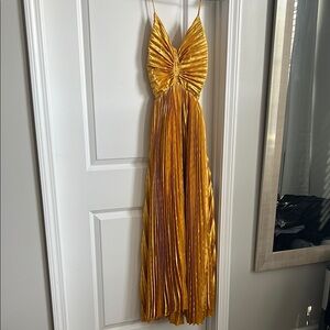 Gold Maxi Sundress with Plunge Neckline and Ruched Details